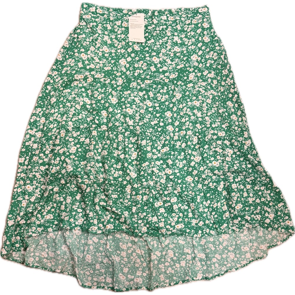 PrettyGarden Green Floral Ditsy Print Midi Skirt XL High Waist Ruffle Hem New